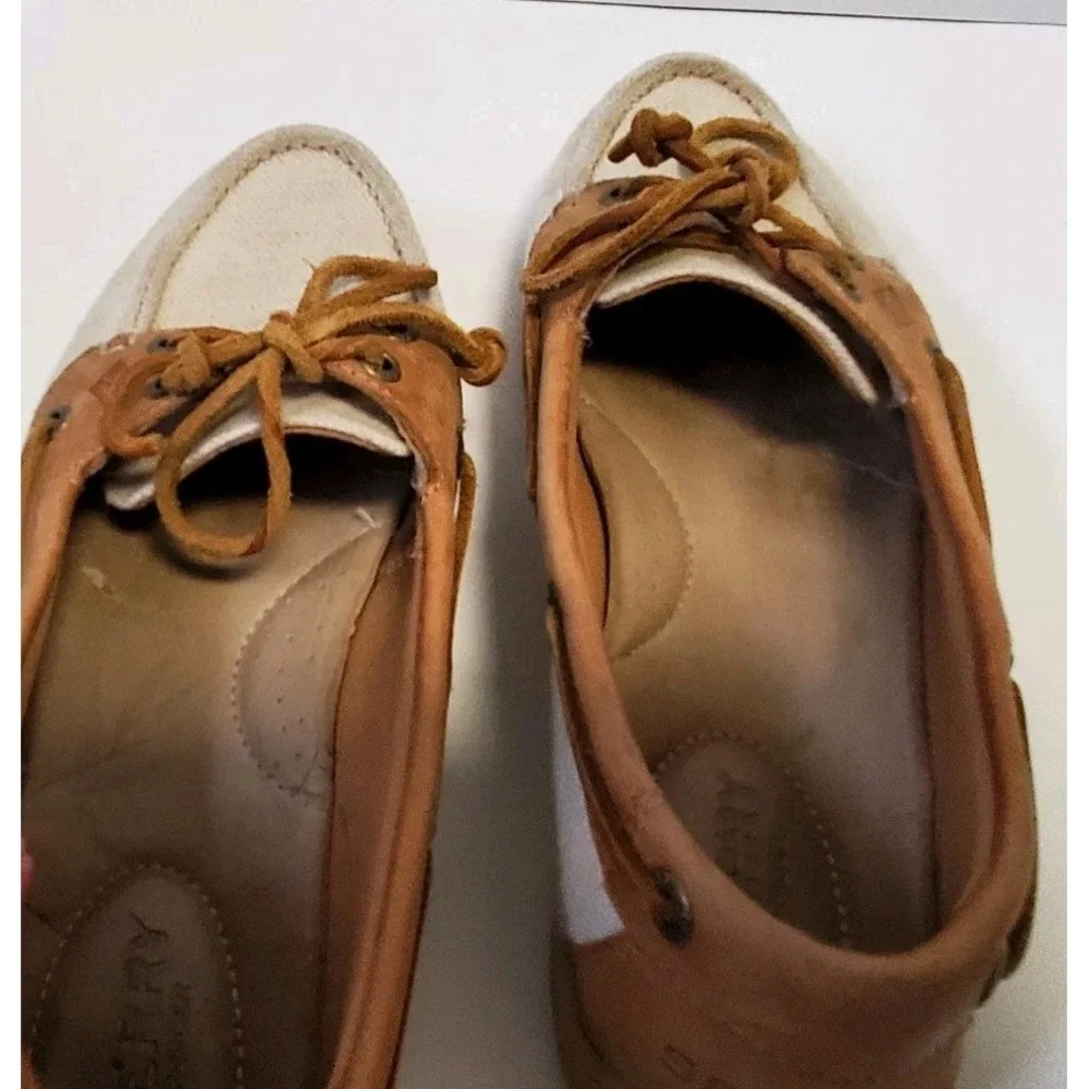 Womens Sperry Canvas and Leather Topsider Boat Shoes Size 7M Brown/Beige - Picture 7 of 12